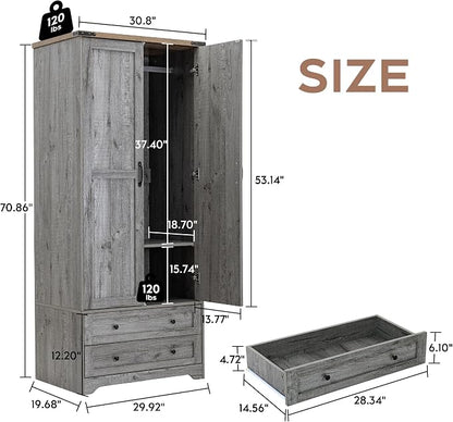 Yechen 71" Wooden Armoire Wardrobe Closet - Modern Functional Clothes Tall Storage Cabinet with Adjustable Shelf and Hanging Rail, Sturdy Freestanding Closet Wardrobe with 2 Wide Drawers for Bedroom