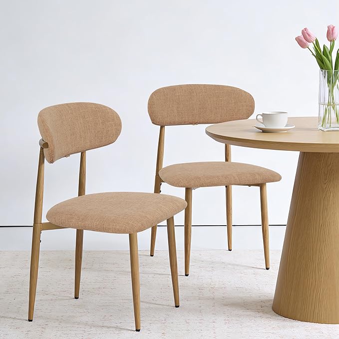 FREKEN Modern Upholstered Dining Chairs Set of 2, Mid-Century Metal Frame with Wood Grain, Linen Fabric Side Chair for Kitchen Dining Room, 350lbs Capacity, Brown