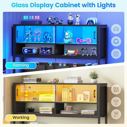 SEDETA L Shaped Gaming Desk, Home Office Computer Desk with 2 Drawer and Bookshelf, L Shaped Gaming Desk with LED Light, Glass Cabinet and Storage Bag, Corner Desk with Storage Shelves, Black