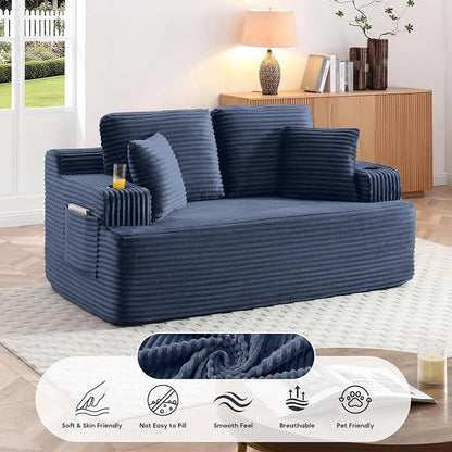 66.5'' Boneless Sofa Couch with Cup Holders & Side Pockets, Modern Corduroy Fabric Upholstered Loveseat Couch with 2 Throw Pillows for Living Room Office, No Assembly (Blue)