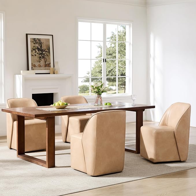 Watson & Whitely Leather Rolling Dining Chairs with Casters, Set of 2, Tan | Upholstered Seat, Removable Rollers, Modern Style, Armless Chairs for Dining Room, Living Room, Bedroom