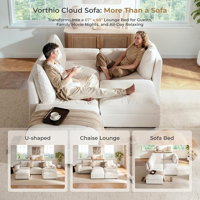 Cloud Couch Sectional 113.8'' Oversized Modular Deep Seat Sofa U Shaped Comfy White Cloud Couch with Washable Cover for Living Room 3 Seat & 2 Ottoman