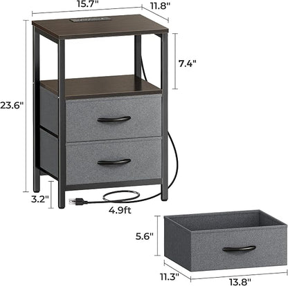 Huuger Nightstand with Charging Station, Fabric Drawers, End Table with Open Shelf, Bedside Table with USB Ports and Outlets, Night Stand for Bedroom, Walnut