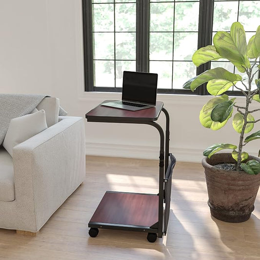 Flash Furniture Charger Mobile Sit-Down, Stand-Up Mahogany Computer Ergonomic Desk with Removable Pouch (Adjustable Range 27'' - 46.5'')