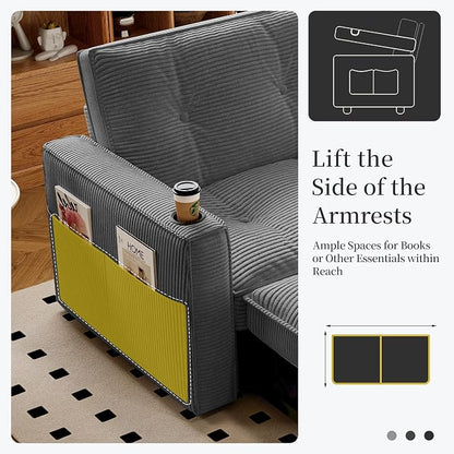 73.2'' Futon Sofa Bed Full Size, Pre-Assembled Pull Out Couch, Adjustable Backrest, Corduroy Convertible Sleeper Sofa, 2 Cup Holders, USB, Pockets, Loveseat for Living Room, Apartment, Grey | Soft Material