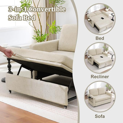 3 in 1 Folding Convertible Sleeper Sofa Bed Pull Out Couch with USB Port Side Pockets Side Table Loveseat Sofa Bed with Adjustable Backrest for Living Room Bedroom Office 66" Lightbrown 2 SEAT