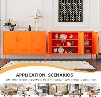 Metal Storage Cabinet with Lock and Adjustable Shelves, Freestanding Pantry Cabinet, Durable Metal 3-Door Storage Sideboard for Home Office Kitchen Orange 32" H X 47.3" W X 13.8" D
