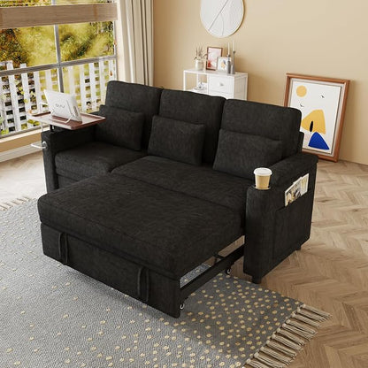 83" Recliner Sofa Bed, 3-in-1 Chenille Sleeper Sofa, Pull Out Couch with Adjustable Backrest, USB, Side Pocket, Table, Cup Holder, Cloud Couch for Living Room, Apartment, Small Space, Black