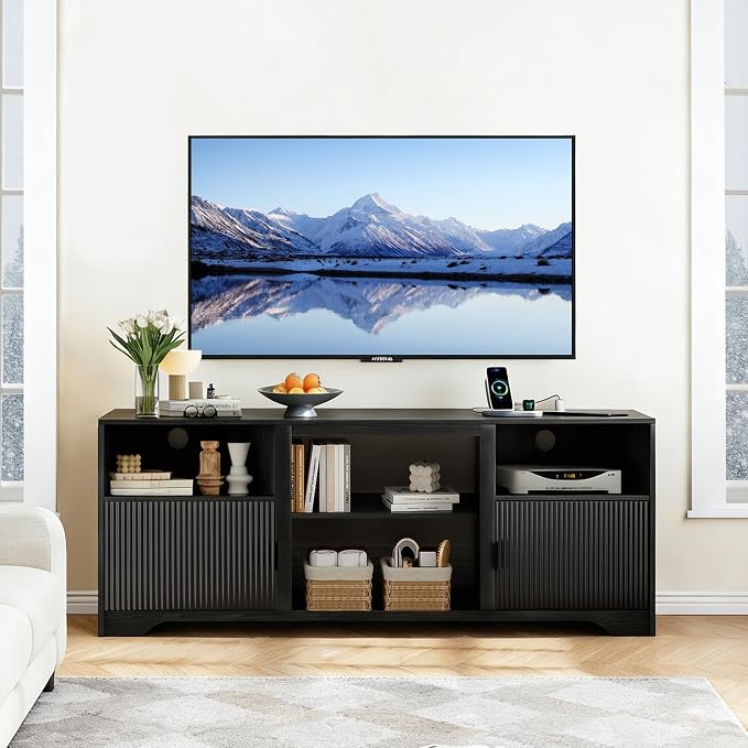 Fluted TV Stand for Tvs up to 80",Mid Century Modern TV Stand with Open Adjustable Shelf,Entertainment Center Wood TV Media Console with Cord Holes for Living Room Furniture Bedroom,Black