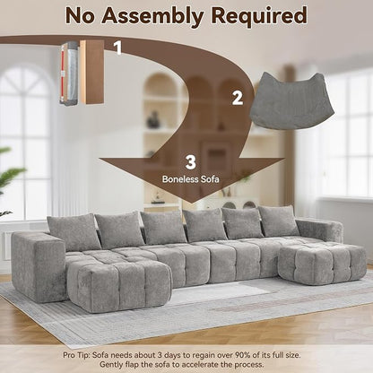 160" Boneless U-Shaped Sofa Couch with 2 Ottoman, 6 Seater Comfy Cloud Sectional Sofas with Deep Seat, Oversized Chenille Sectional Memory Foam Couches for Living Room Bedroom, Tufted Sofa, Light Grey