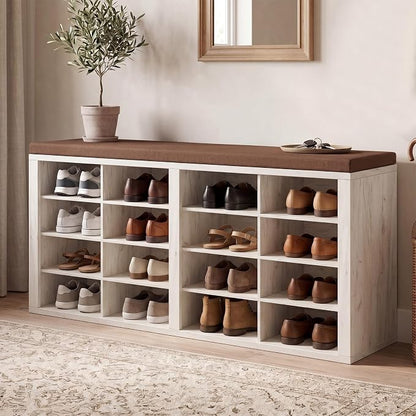 Shoe Rack Bench, Shoe Storage Bench with Cushion, Shoe Organizer 16 Cubbies for Entryway Hallway Bedroom Living Room, Holds Up to 400lbs