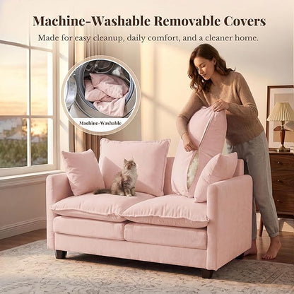 Loveseat Sofa with Cloud 3-Layer Cushion & 27" Deep Seat, Modern Love Seat Small Couch with 2 Washable Pillows for Small Spaces, Bedroom, Apartment, Office, Living Room, in a Box, 50-Inch Blush Pink