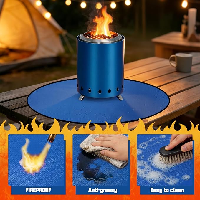 20" Tabletop Fire Pit Mat for Solo Stove Mesa XL, Easy Clean Small BBQ Mat for Outdoor BBQ,Reusable Waterproof Pad,Three-Layer Fireproof and Heat-Resistant Barbecue Mat for Tabletop Fire Pit-Blue