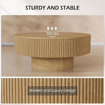 YOUDENOVA 31.5” Round Fluted Coffee Table, Modern Wood Circle Coffee Table, Veneer Handcrafted Relief Tea Table with Sturdy Pedestal for Living Room - Natural