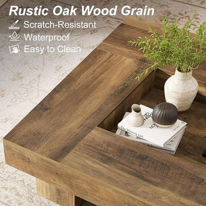 LVB Coffee Table, Modern Wood Led Living Room Table with Storage, Farmhouse Large Square Center Table with LED Light, Unique Wide Low Tea Table for Living Room Home Office, 39.37 Inch, Rustic Oak