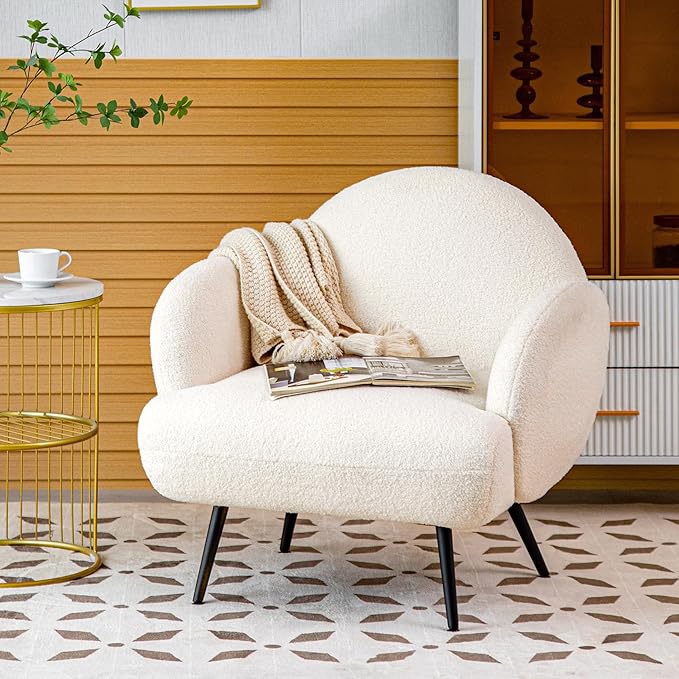 Accent Chair White with Black Metal Legs,Reading Chair for Bedroom Comfy, Boucle Sherpa Chair for Living Room, Bedroom