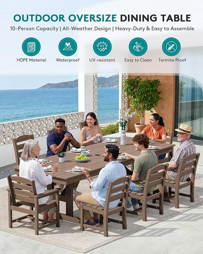 SERWALL 9 Piece 84" HDPE Outdoor Dining Set with 6 Armless Chairs, 2 Armchairs and Umbrella Hole for 8, Brown