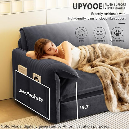 66" Sofa Bed Queen Size, Pull Out Couch Bed, 3-in-1 Convertible Sleeper Sofa with Side Pocket, Modern Velvet Futon Couch for Living Room, Small Space, Apartment, Bedroom, Grey