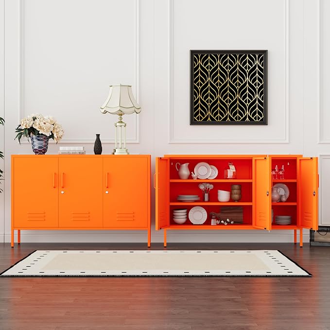 Metal Storage Cabinet with Lock and Adjustable Shelves, Freestanding Pantry Cabinet, Durable Metal 3-Door Storage Sideboard for Home Office Kitchen Orange 32" H X 47.3" W X 13.8" D