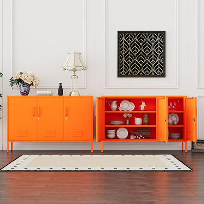 Metal Storage Cabinet with Lock and Adjustable Shelves, Freestanding Pantry Cabinet, Durable Metal 3-Door Storage Sideboard for Home Office Kitchen Orange 32" H X 47.3" W X 13.8" D