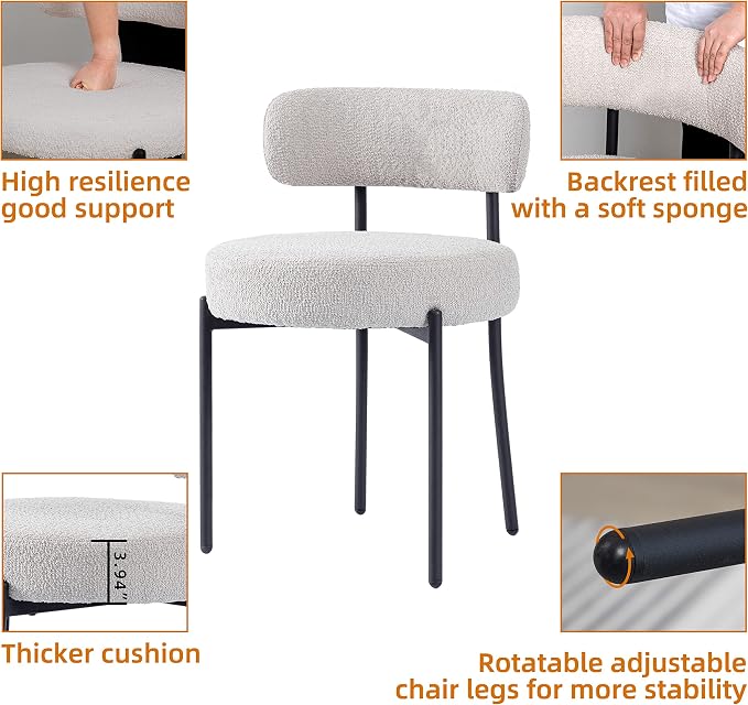 DYHOME Dining Chair One Chair for Kitchen Dining Room,Upholstered Modern Boucle Dining Chair with Black Metal Legs Curved Backrest,Grey