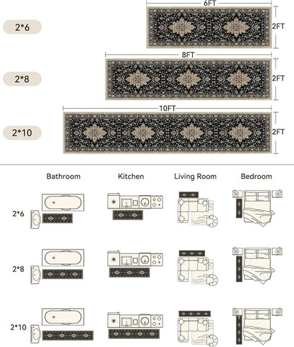 RELEANY Area Rugs Runner 2'x10' Washable Non-Slip, Floral Vintage Distress Medallion Carpet for Kitchen Hallway Bedroom Beside Laundry Room Bathroom, Black Brown Neutral Dark Tan