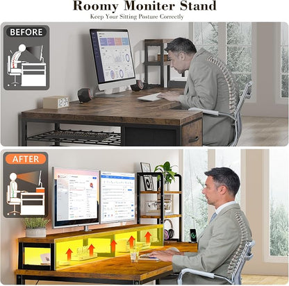 EnHomee 55" Reversible Computer Desk, Hutch, USB & LED, Rustic Brown | Fits 2 Monitors on Stand; Drawer & 3 Shelves; 60,000 Colors Music Sync RGB; 3 AC Ports & Type-C; Steel Frame; Easy Build