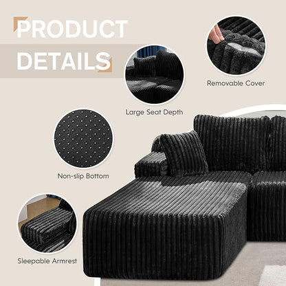 Hobestluk Boneless Couch Modular Sectional Sofa L-Shape Oversized Chaise | 108" Left Facing Chaise Black,Memory Foam,Removable Cover,Non-slip Bottom,No Assemble Required,Living Room Furniture