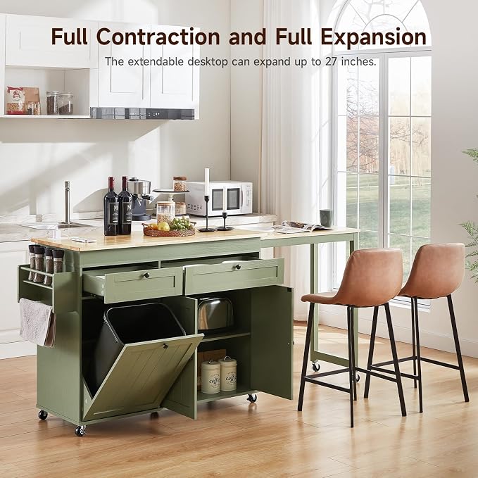 ONBRILL Kitchen Islands with Extendable Dining Table, 81.7" Mobile Kitchen Storage Islands, Rolling Kitchen Cart with Trash Cabinet, Power Outlet, Spice Rack & Towel Rack, Green