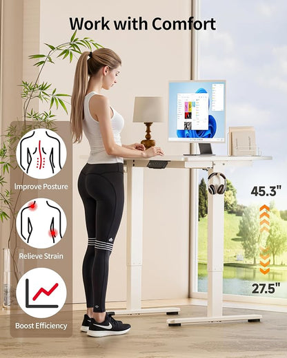 Okin Standing Desk Electric Adjustable Computer Whole Piece Stand up Desk Office Gaming Home Office Memory Desks 48x24 inches White