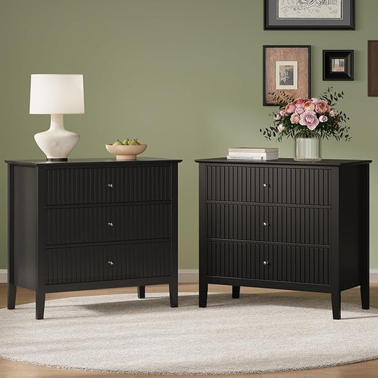 RoyalCraft 32" Large Nightstand Set of 2, Fluted Painted Bedside Table with 3 Spacious Drawers, Modern Tall End Table for Bedroom, Black