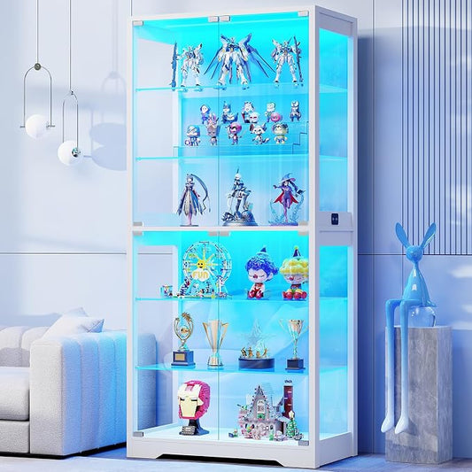 BROTTAR 6-Tier 71" Display Cabinet with Glass Door, Curio Cabinet with 3 Color Lights for Collectibles, Display Case with Adjustable Glass Shelves, Human Body Sensor, Storage Cabinets, White