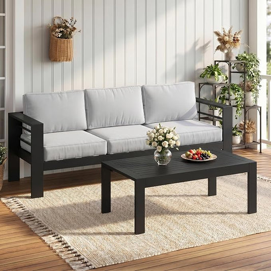 Solaste Aluminum Patio Sofa with Coffee Table,2 PCS Patio Furniture Set with Cushions, All-Weather Outdoor Sofa for Balcony, Deck, Backyard, Porch, Garden, Light Grey