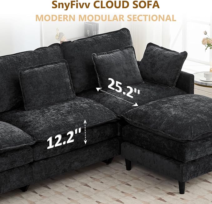 113" Chenille Modular Sectional Sofa, Convertible L Shaped Modular Sofa Comfy Cloud Couch with Ottoman, Side Pockets and 5 Throw Pillows for Living Room (Black, 113" - 5 Seats)