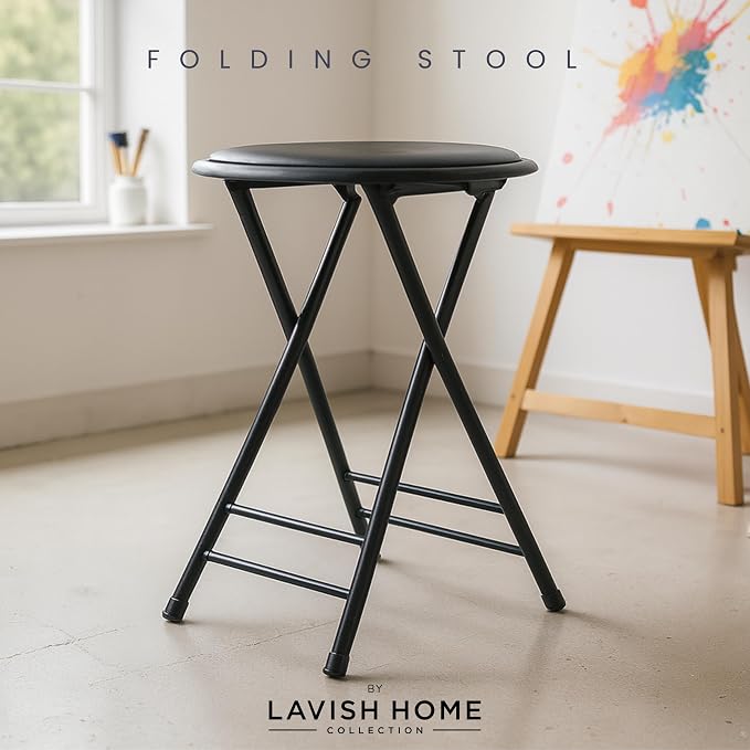 Lavish Home Folding Stool - Backless 24-Inch Stool with 225lb Capacity for Kitchen or Rec Room - Portable Indoor Counter Bar Stools (Black)