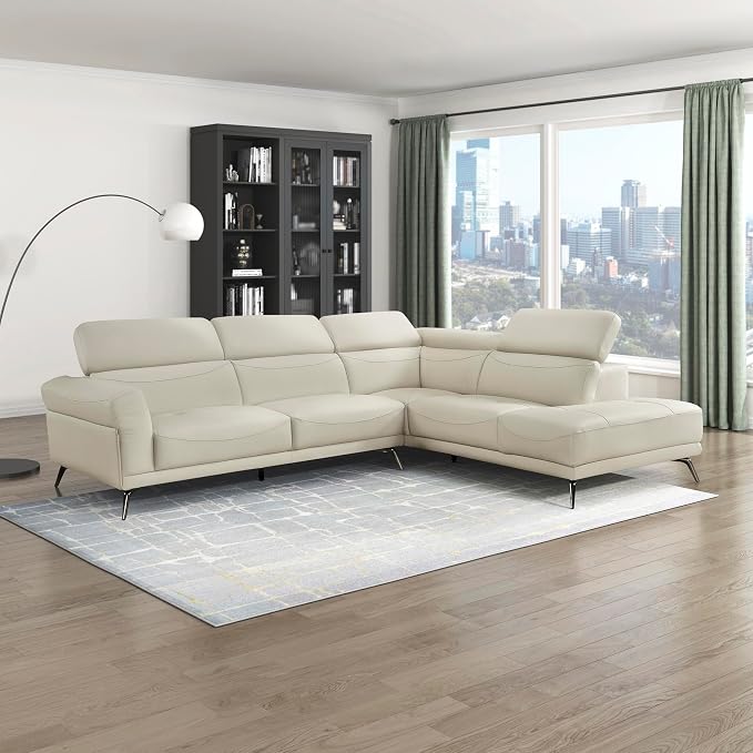 Lexicon L-Shaped Sectional Couch with Right Chaise, Top Grain Leather Match Sectional Sofa, Adjustable Headrests, Black Chrome Metal Legs, High-Density Cushions, Stitching, for Living Room, Beige
