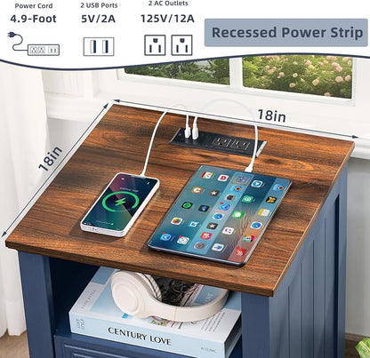 Joaxswe 18" Farmhouse Night Stand with Charging Station, 2 Drawers End Table Dresser for Bedroom, Blue Wooden Nightstand, Bed Side Table with Open Shelf, Bedside Cabinet for Living Room, Closet