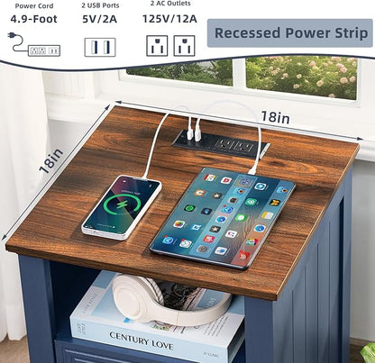 Joaxswe 18" Farmhouse Night Stands Set of 2 with Charging Station, 2 Drawers End Table Dresser for Bedroom, Blue Wooden Nightstand, Bed Side Table with Open Shelf, Bedside Cabinet for Living Room