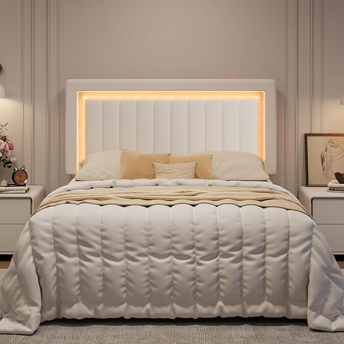 SHA CERLIN Full Size Velvet Bed Frame with LED Light, Adjustable Vertical Channel Tufted Headboard, Strong Wooden Slats Support, Noise-Free, No Box Spring Needed, White