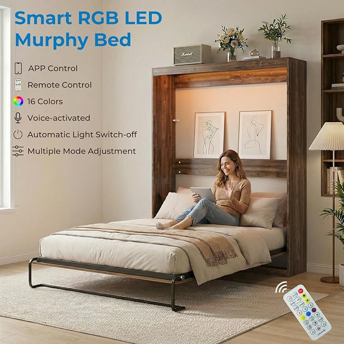 Mjkone Full Murphy Bed, Cabinet Beds Full Size, Modern Hidden Murphy Wall Chest Beds with Space-Saving Design, Adults Cabinet Guest Bed with 16 Colors of LED Lights for Bedroom, Apartment - Brown