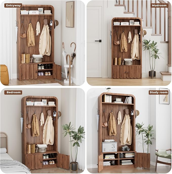 Narrow Hall Tree with Bench and Shoe Storage, Arched Entryway Coat Rack with Adjustable Shoe Cabinet,8 Hooks, Modern Rustic Mudroom Storage Organizer with Scalloped Wave Fluted Doors (Walnut)