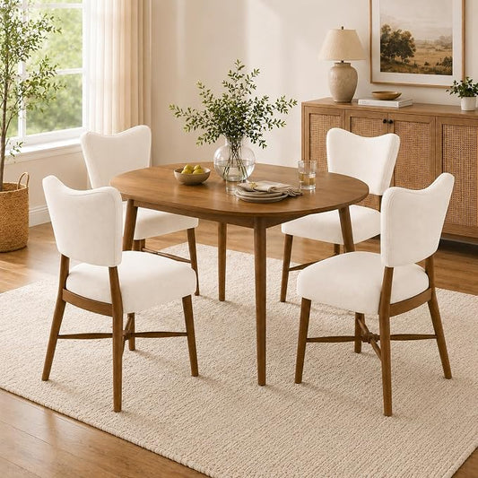 Mid Century Dining Chairs Set of 4, Linen Seat, Wood Legs, Cream | Farmhouse, Upholstered Padded Cushion, Solid Wood Cross-Brace, Easy 15-Min Assembly, Kitchen Dining Room