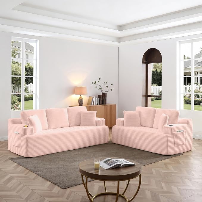 Boneless Sofa Couch Set with Cup Holders & Side Pockets, Modern Corduroy Fabric Upholstered 3-seat Couch & Loveseat Set with 4 Throw Pillows for Living Room, Office, No Assembly (Pink)