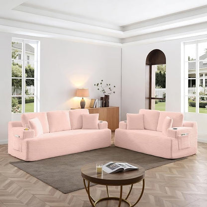 Boneless Sofa Couch Set with Cup Holders & Side Pockets, Modern Corduroy Fabric Upholstered 3-seat Couch & Loveseat Set with 4 Throw Pillows for Living Room, Office, No Assembly (Pink)