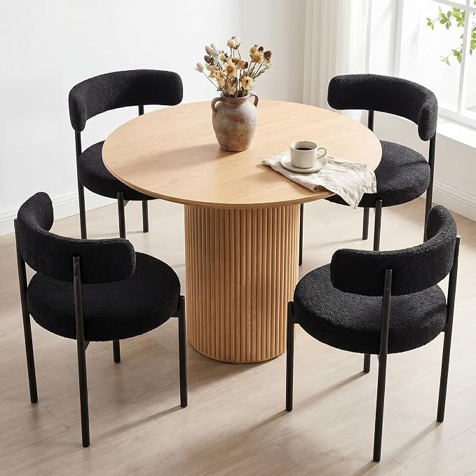 Boucle Dining Chairs Set of 6, Black Dining Chairs with Upholstered Seat and Round Back, Mid-Century Modern Kitchen Chairs for Dining Room, Restaurant