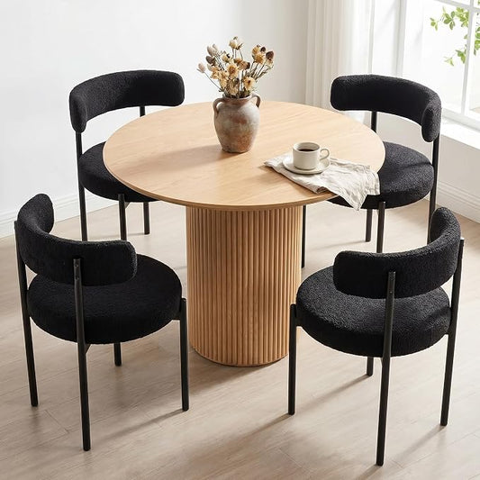 Boucle Dining Chairs Set of 4, Black Dining Chairs with Upholstered Seat and Round Back, Mid-Century Modern Kitchen Chairs for Dining Room, Restaurant