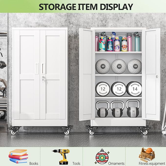Metal Garage Storage Cabinet, 46”Tall Rolling Utility Cabinet White | storage system with Wheels, Lock, 3 Adjustable Shelves, Heavy Duty Steel Tool Locker for Home Office, Utility Room, Gym