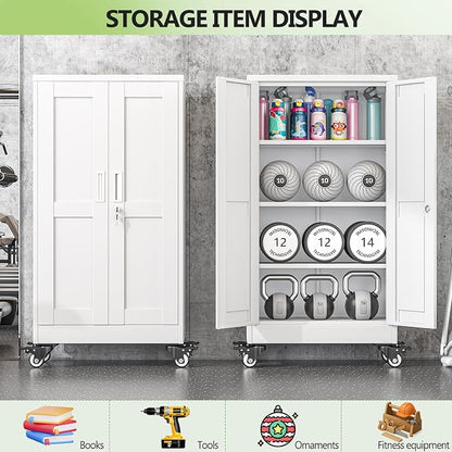 Metal Garage Storage Cabinet, 46”Tall Rolling Utility Cabinet White | storage system with Wheels, Lock, 3 Adjustable Shelves, Heavy Duty Steel Tool Locker for Home Office, Utility Room, Gym