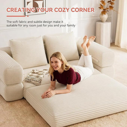 Jocoevol 4-in-1 Convertible Folding Sofa Bed, 78"W x 68"L Queen Size Foldable Sleeper Sofa Bed, Wide Corduroy Upholstery, Boneless Mattress Couch with Armrests & Neck Pillow for Living/Bedroom, Beige