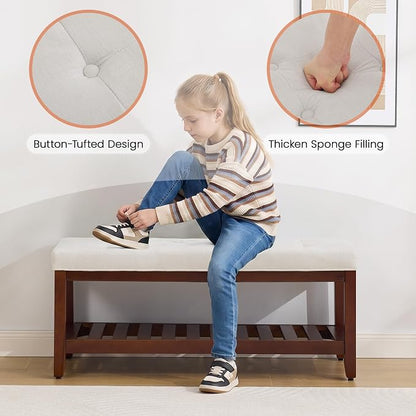 HUBSON 44" Entryway Shoe Bench, Upholstered End of Bed Bench with Solid Wood Shelf, Button Tufted Shoe Bench for Bedroom, Hallway, Living Room, Beige